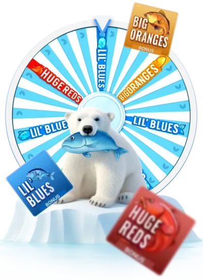 Ice Fishing main game view with the 53-segment wheel and three bonus tiles